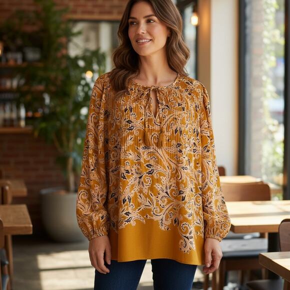 DR2 Mustard Paisley Blouse Womens Large Plisse Accordion Pleat Tassel Boho Top - Picture 4 of 11